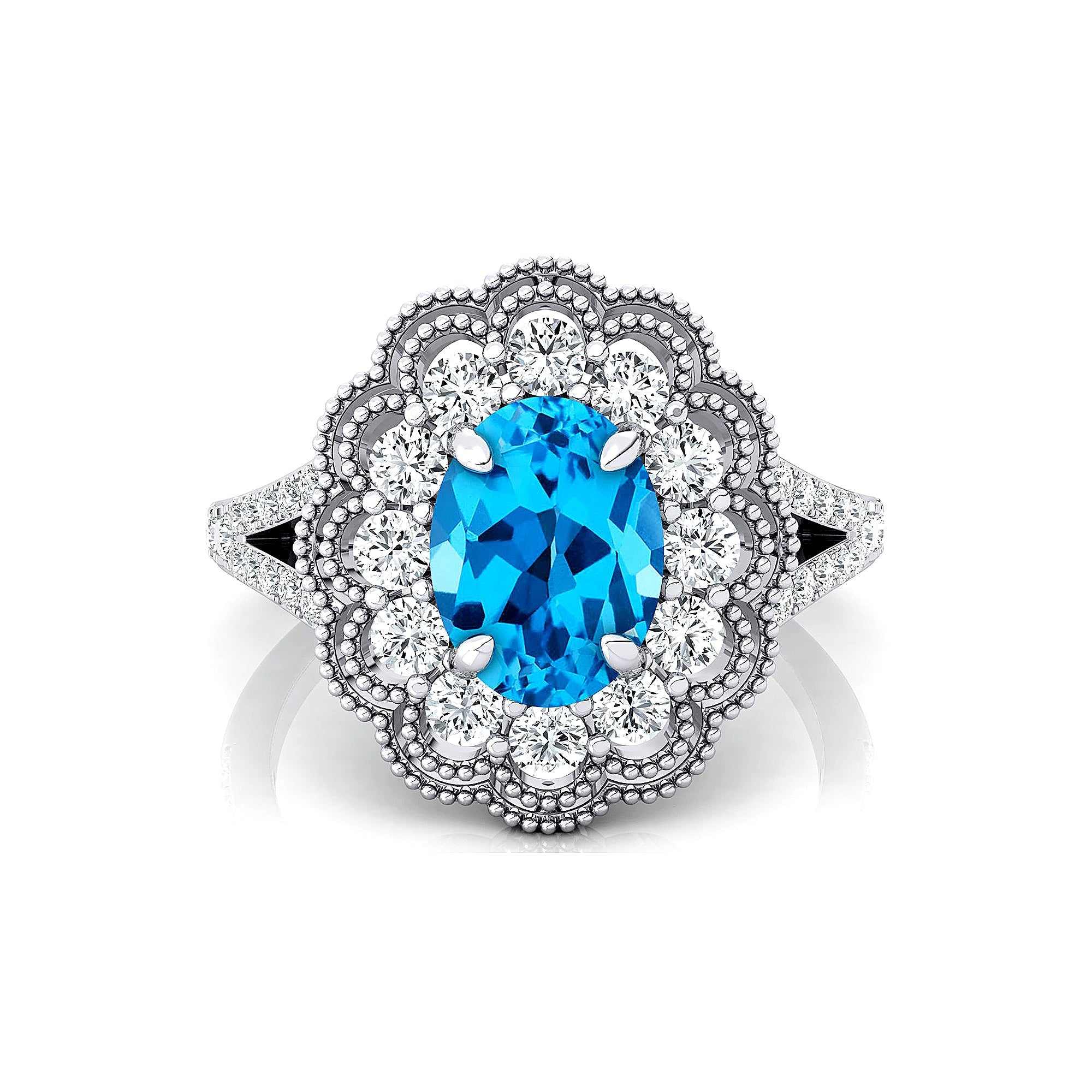 Flower Inspired Cluster Diamond Oval Swiss Blue Topaz Engagement Ring - GeumJewels