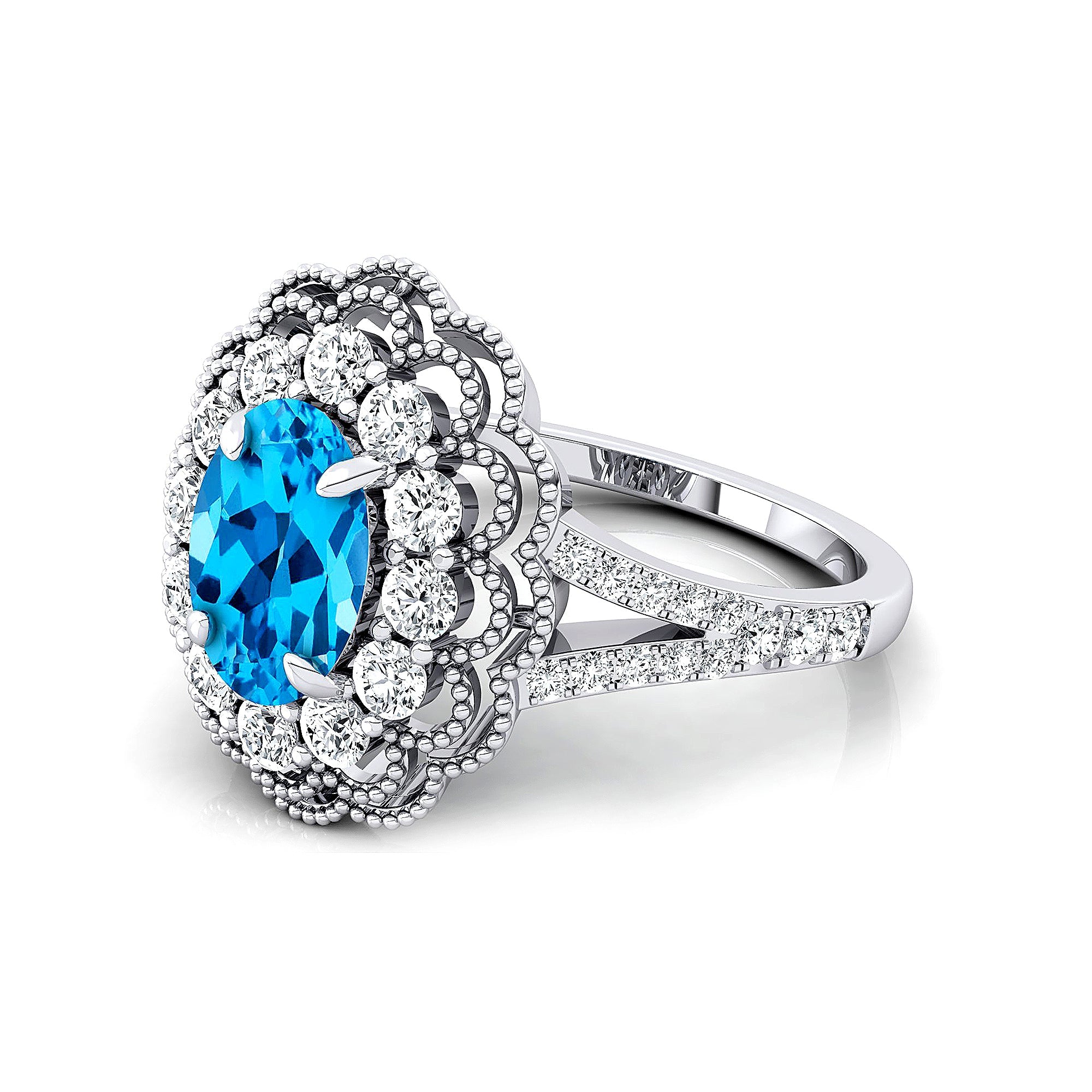 Flower Inspired Cluster Diamond Oval Swiss Blue Topaz Engagement Ring - GeumJewels