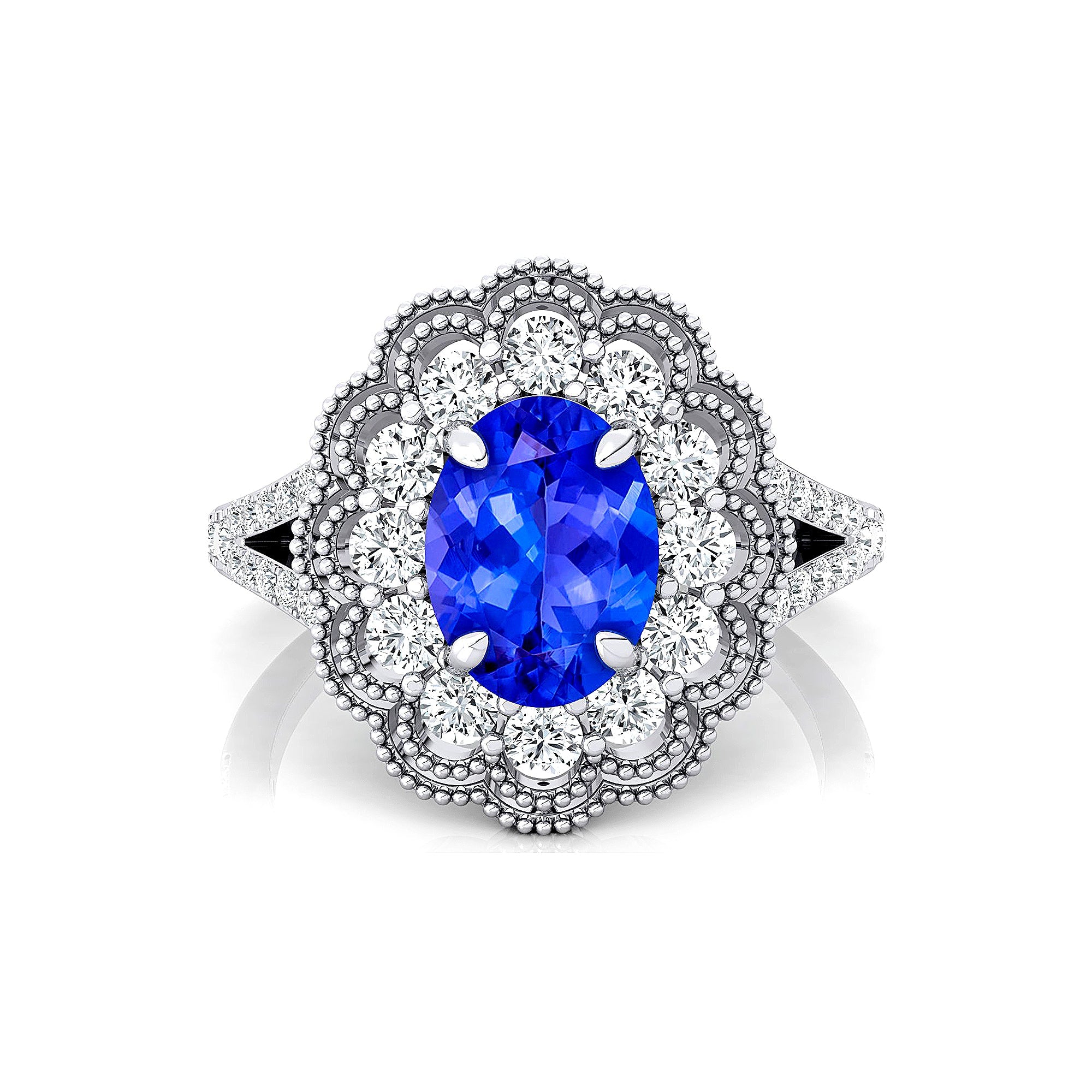 Flower Inspired Cluster Diamond Oval Tanzanite Engagement Ring - GeumJewels