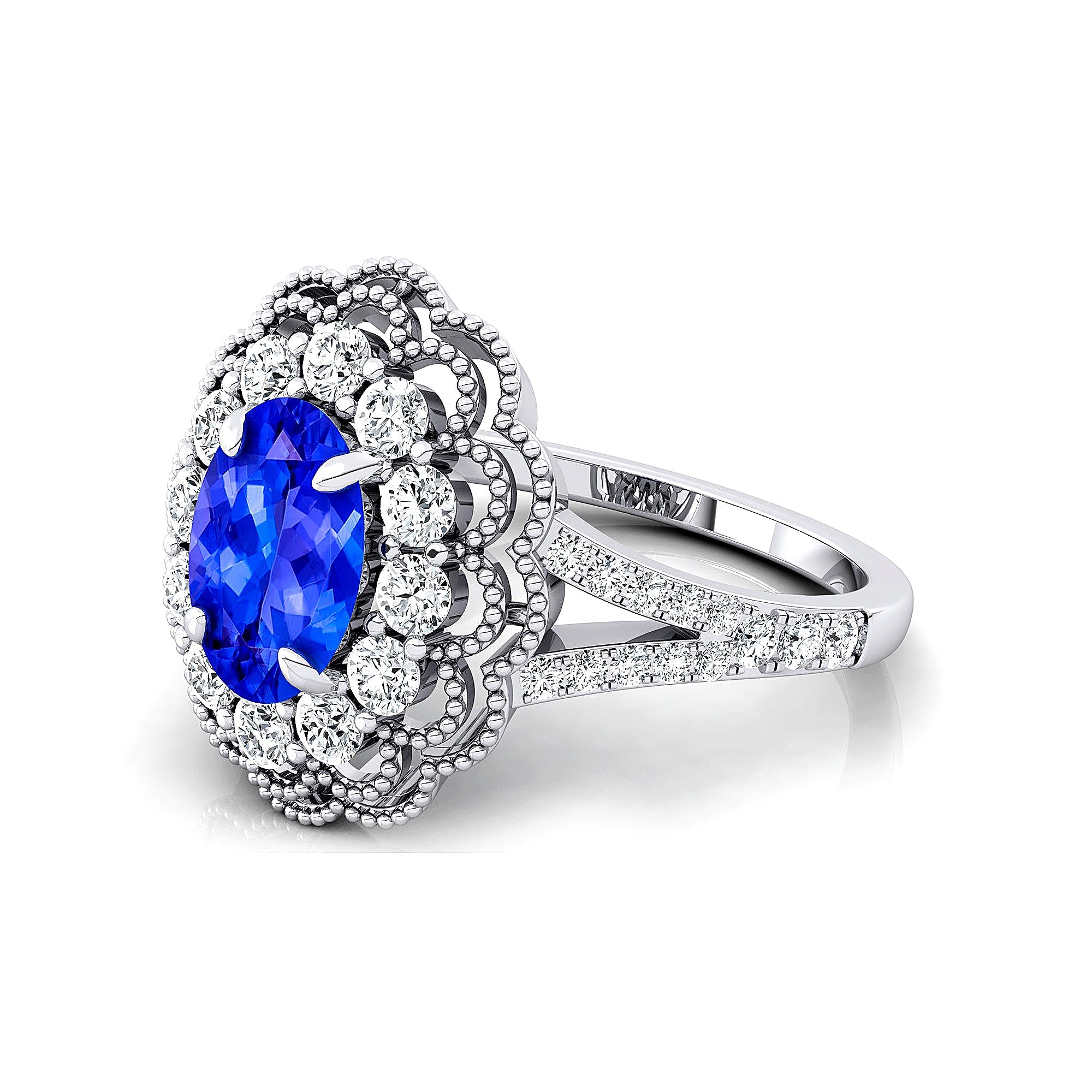 Flower Inspired Cluster Diamond Oval Tanzanite Engagement Ring - GeumJewels