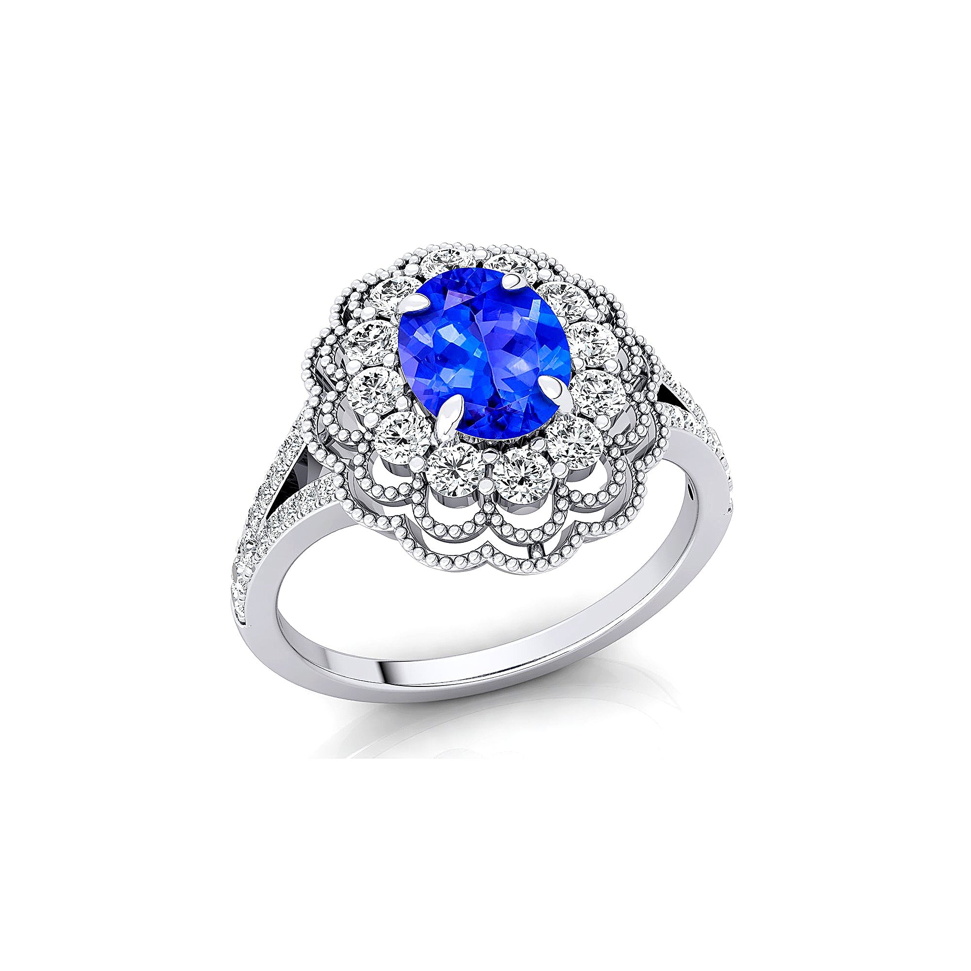 Flower Inspired Cluster Diamond Oval Tanzanite Engagement Ring - GeumJewels