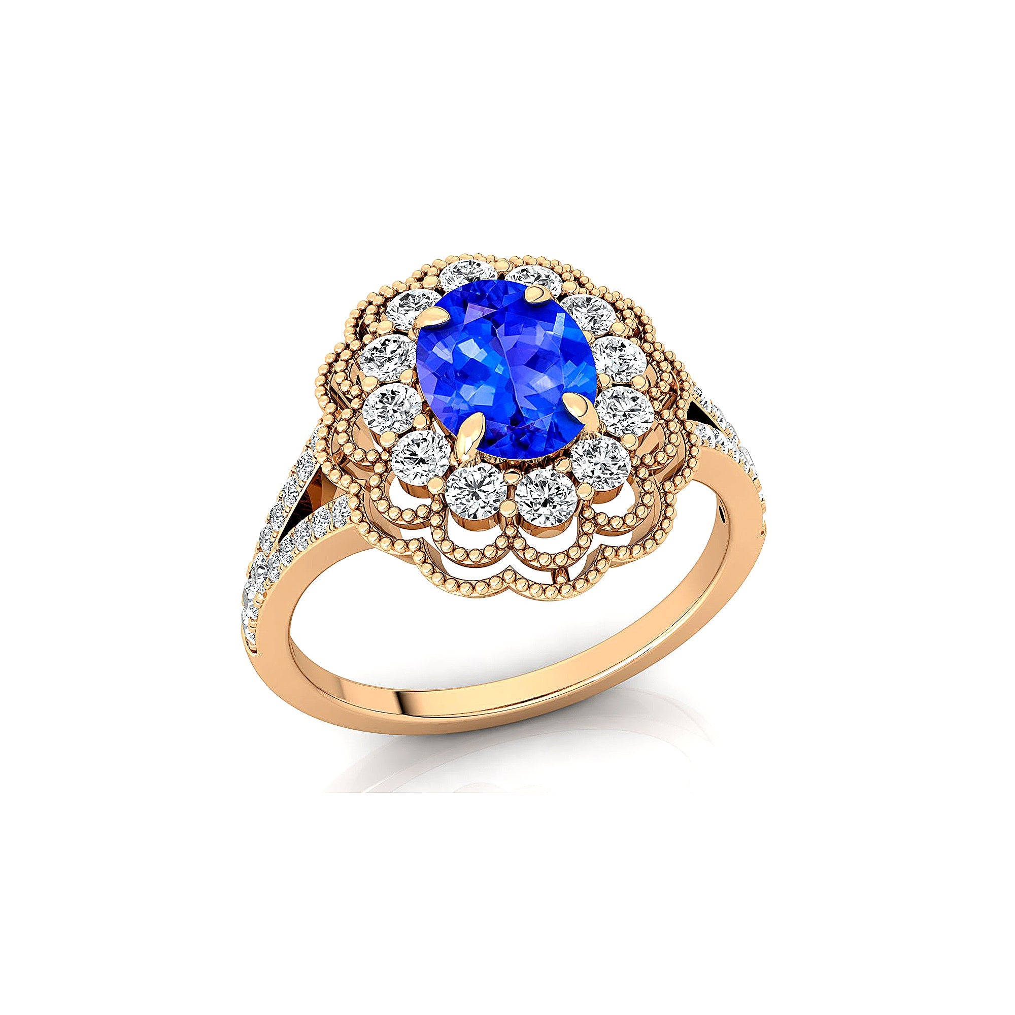 Flower Inspired Cluster Diamond Oval Tanzanite Engagement Ring - GeumJewels