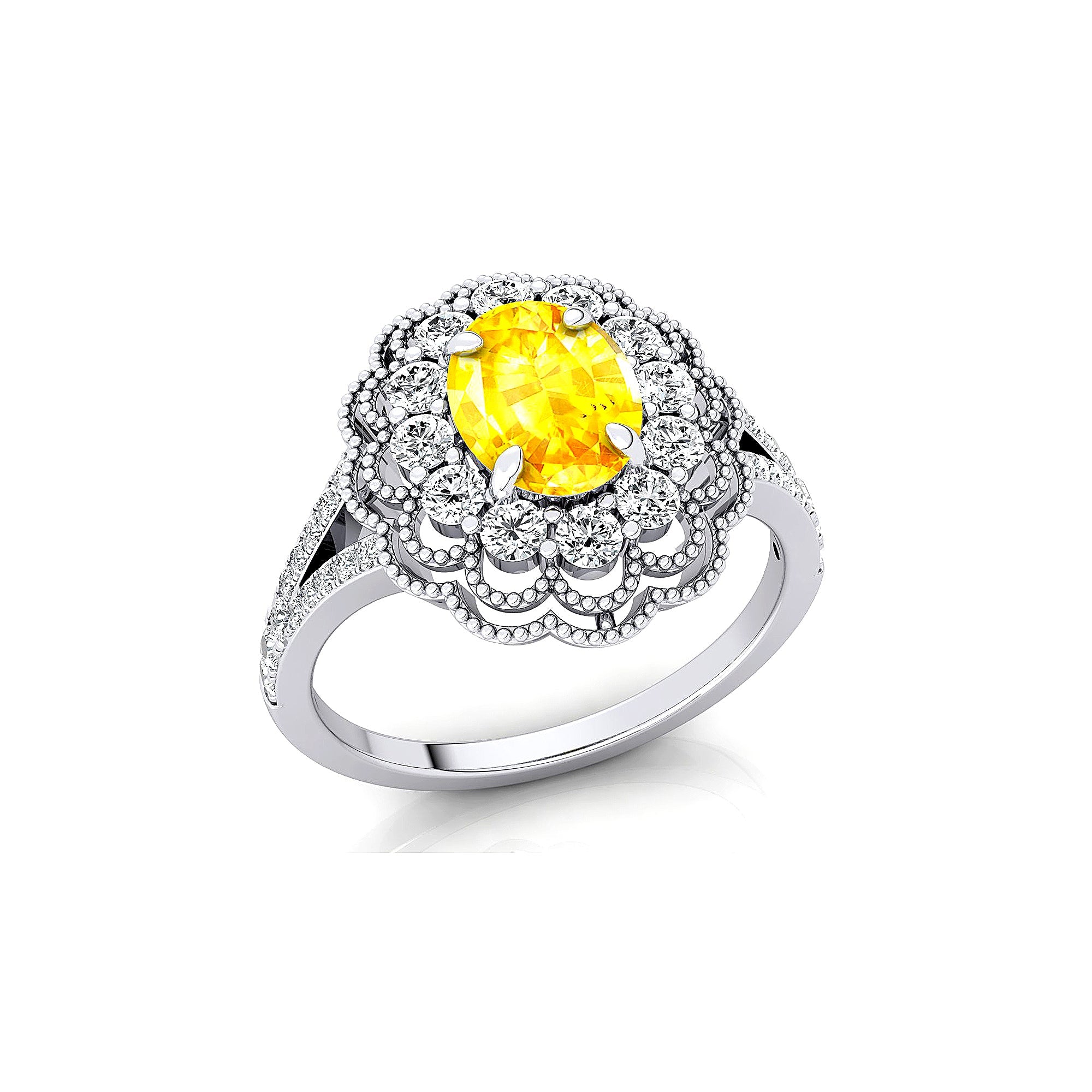 Flower Inspired Cluster Diamond Oval Yellow Sapphire Engagement Ring - GeumJewels