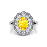 Flower Inspired Cluster Diamond Oval Yellow Sapphire Engagement Ring - GeumJewels