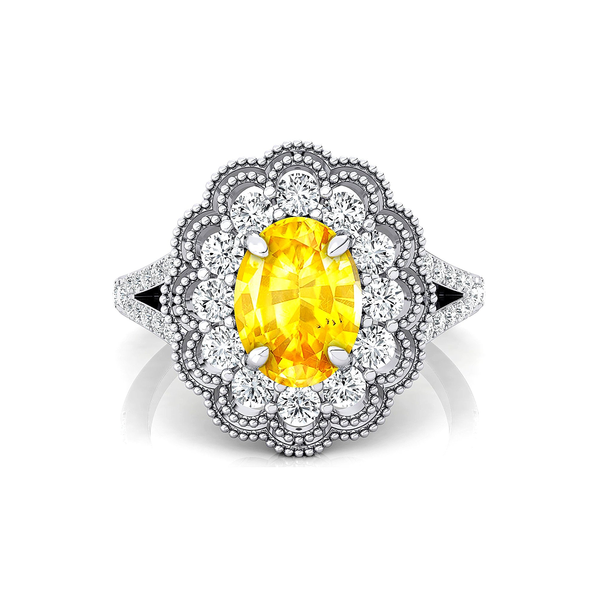 Flower Inspired Cluster Diamond Oval Yellow Sapphire Engagement Ring - GeumJewels
