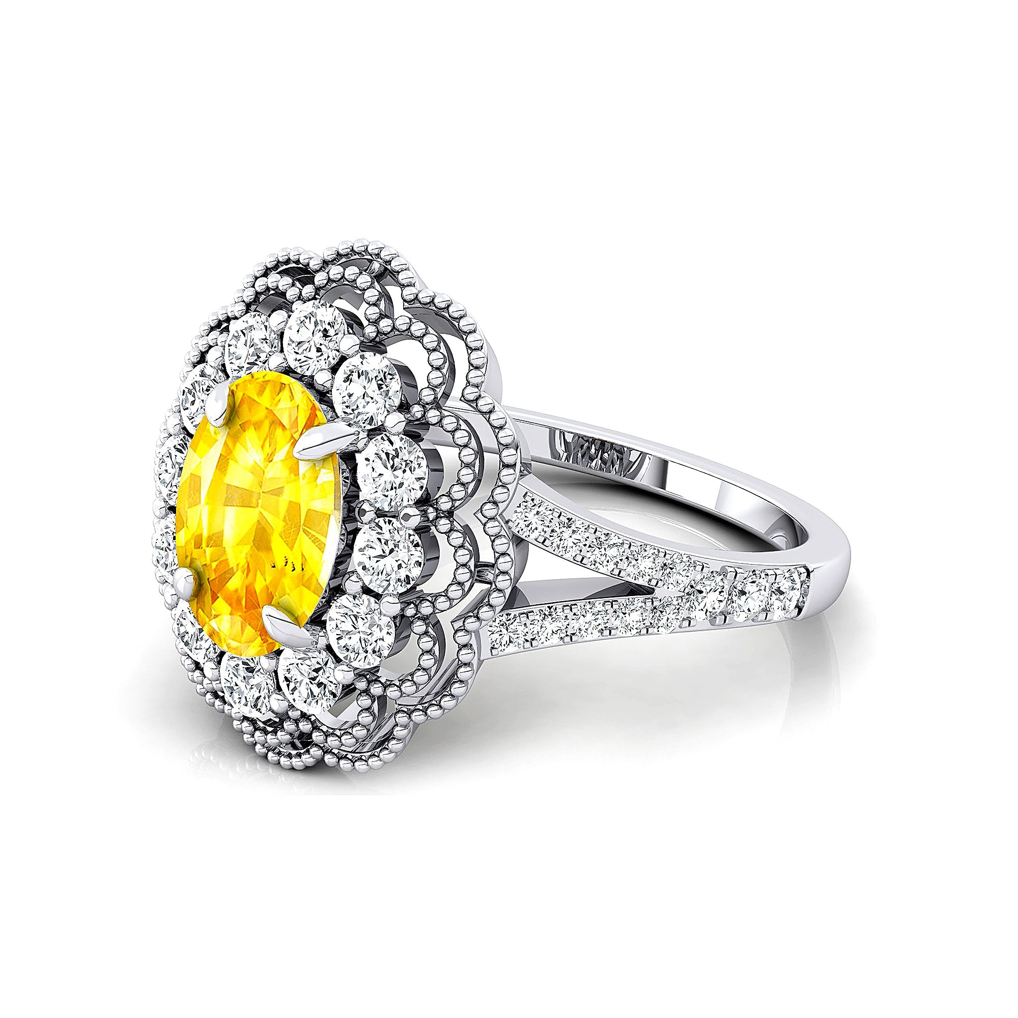 Flower Inspired Cluster Diamond Oval Yellow Sapphire Engagement Ring - GeumJewels