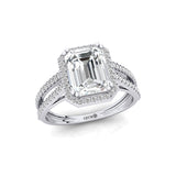 Halo Set Emerald Shaped Lab Diamond Split Shank Ring with Accent Diamonds - GeumJewels