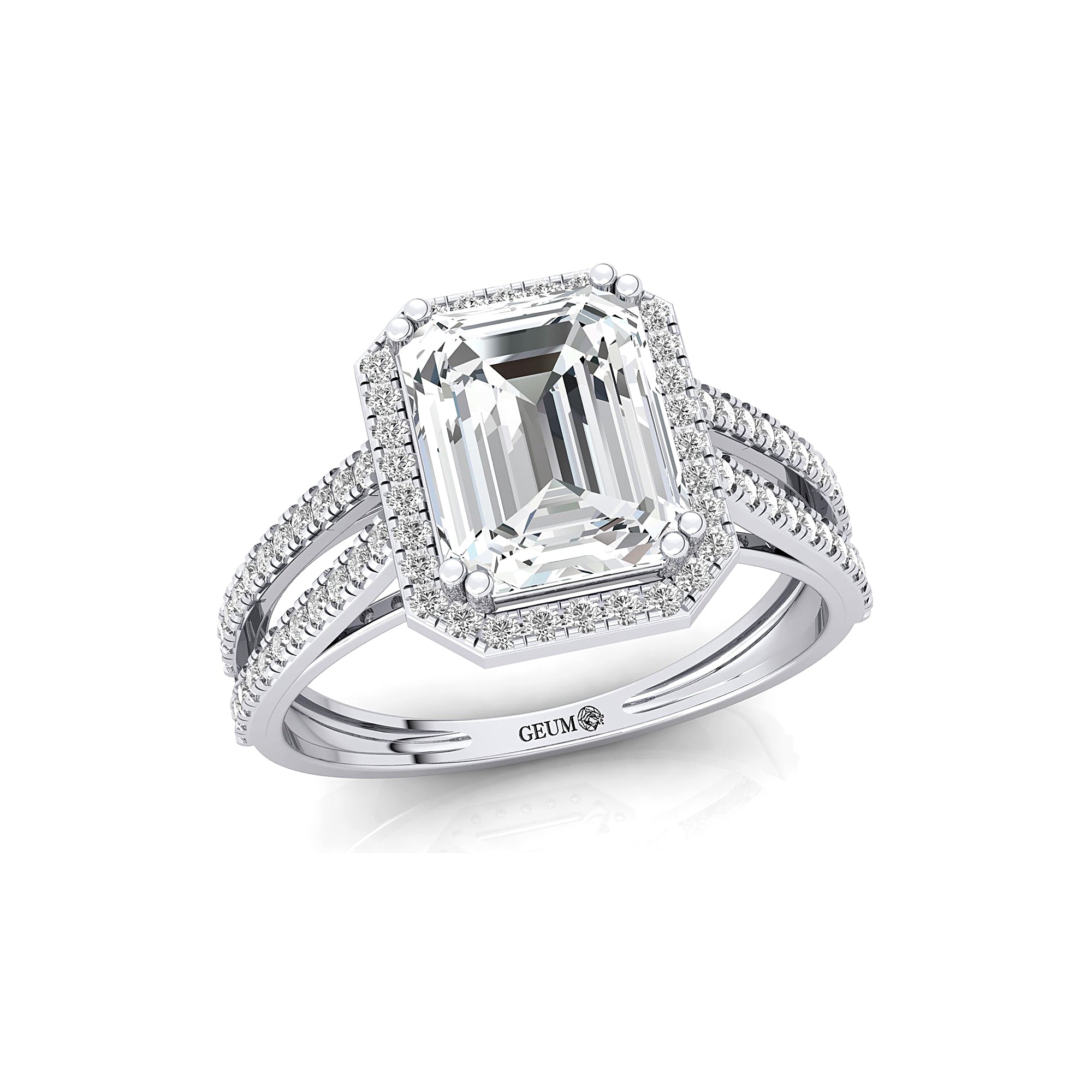 Halo Set Emerald Shaped Lab Diamond Split Shank Ring with Accent Diamonds - GeumJewels