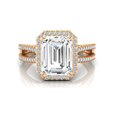 Halo Set Emerald Shaped Lab Diamond Split Shank Ring with Accent Diamonds - GeumJewels
