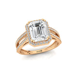 Halo Set Emerald Shaped Lab Diamond Split Shank Ring with Accent Diamonds - GeumJewels