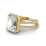 Halo Set Emerald Shaped Lab Diamond Split Shank Ring with Accent Diamonds - GeumJewels
