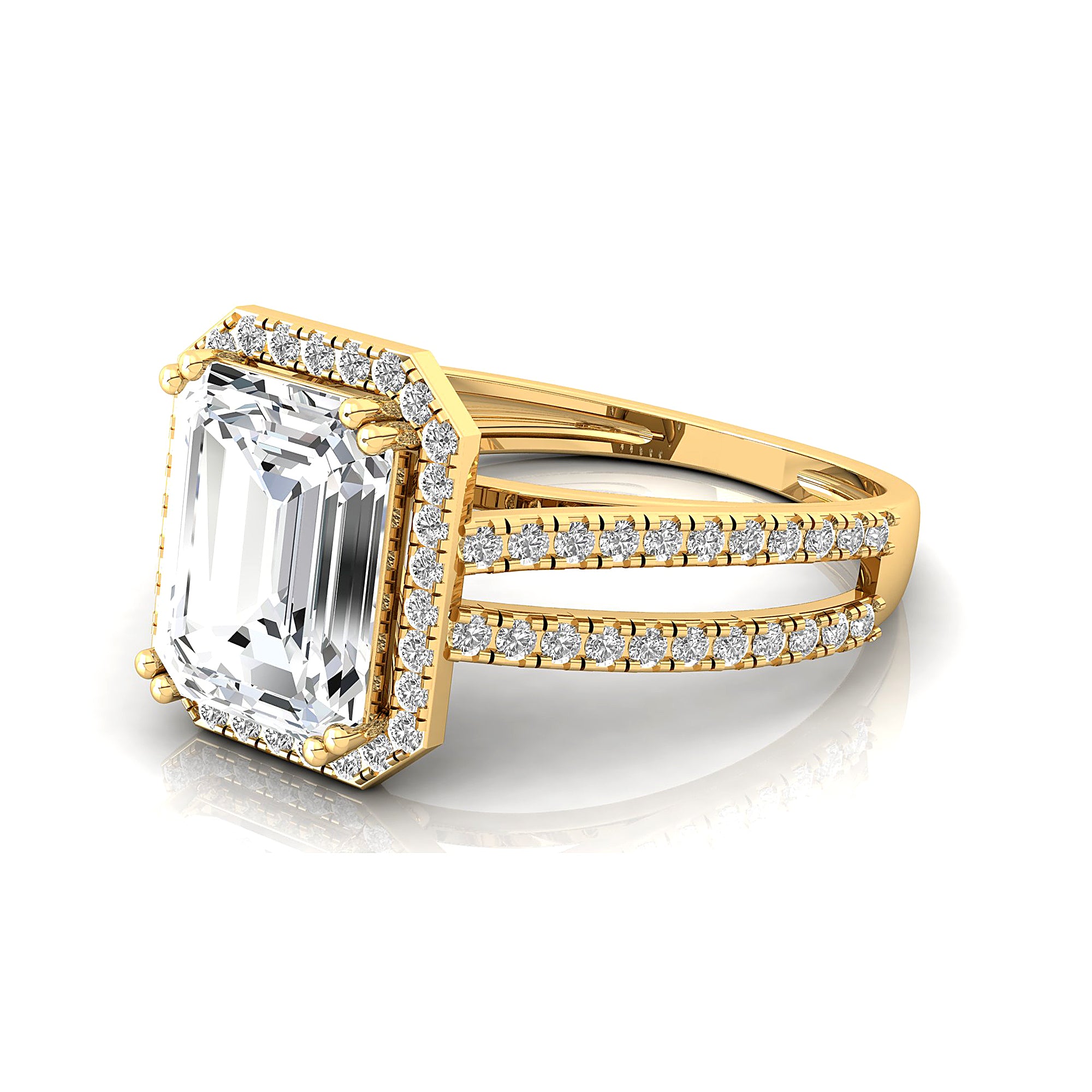 Halo Set Emerald Shaped Lab Diamond Split Shank Ring with Accent Diamonds - GeumJewels