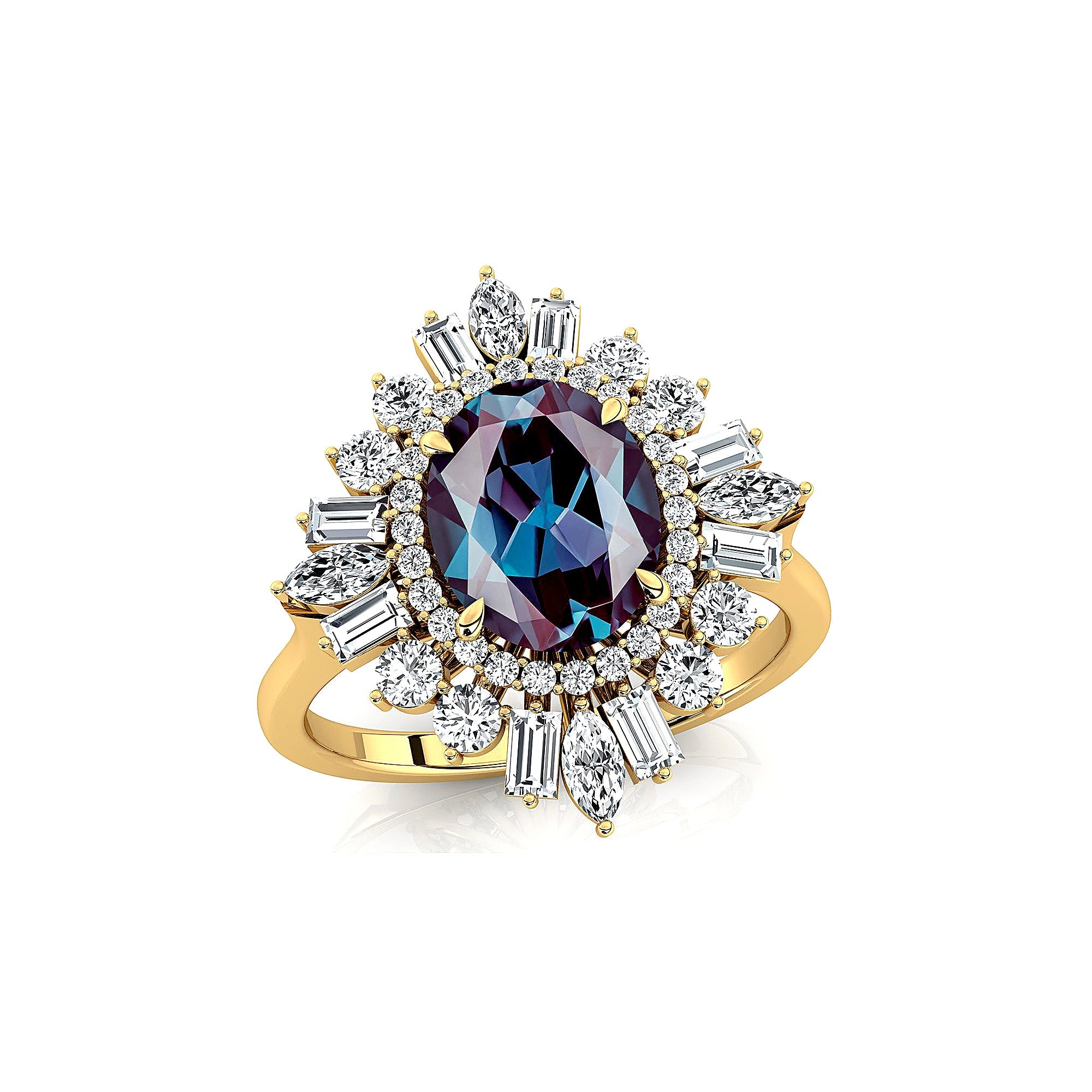 Oval Solitaire Alexandrite Baguette and Round Diamond Cocktail Ring - GeumJewels