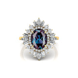 Oval Solitaire Alexandrite Baguette and Round Diamond Cocktail Ring - GeumJewels