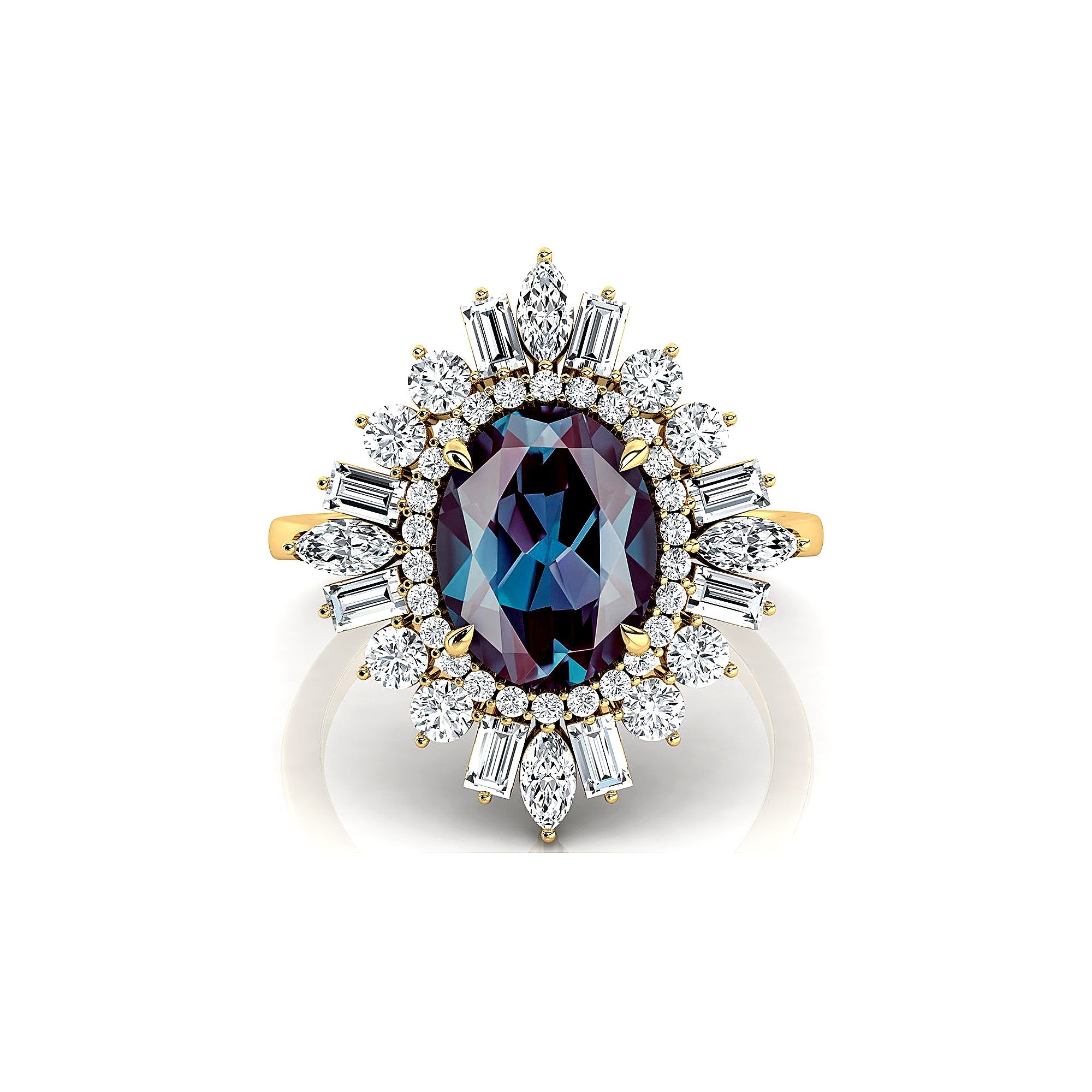 Oval Solitaire Alexandrite Baguette and Round Diamond Cocktail Ring - GeumJewels