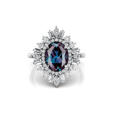 Oval Solitaire Alexandrite Baguette and Round Diamond Cocktail Ring - GeumJewels