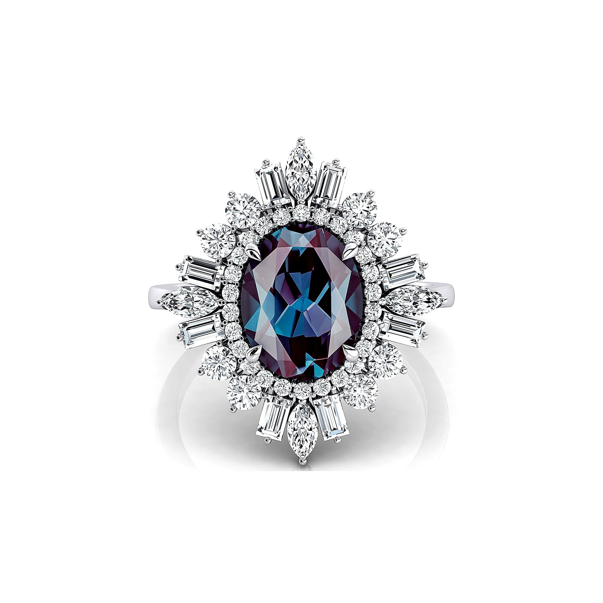 Oval Solitaire Alexandrite Baguette and Round Diamond Cocktail Ring - GeumJewels