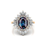 Oval Solitaire Alexandrite Baguette and Round Diamond Cocktail Ring - GeumJewels