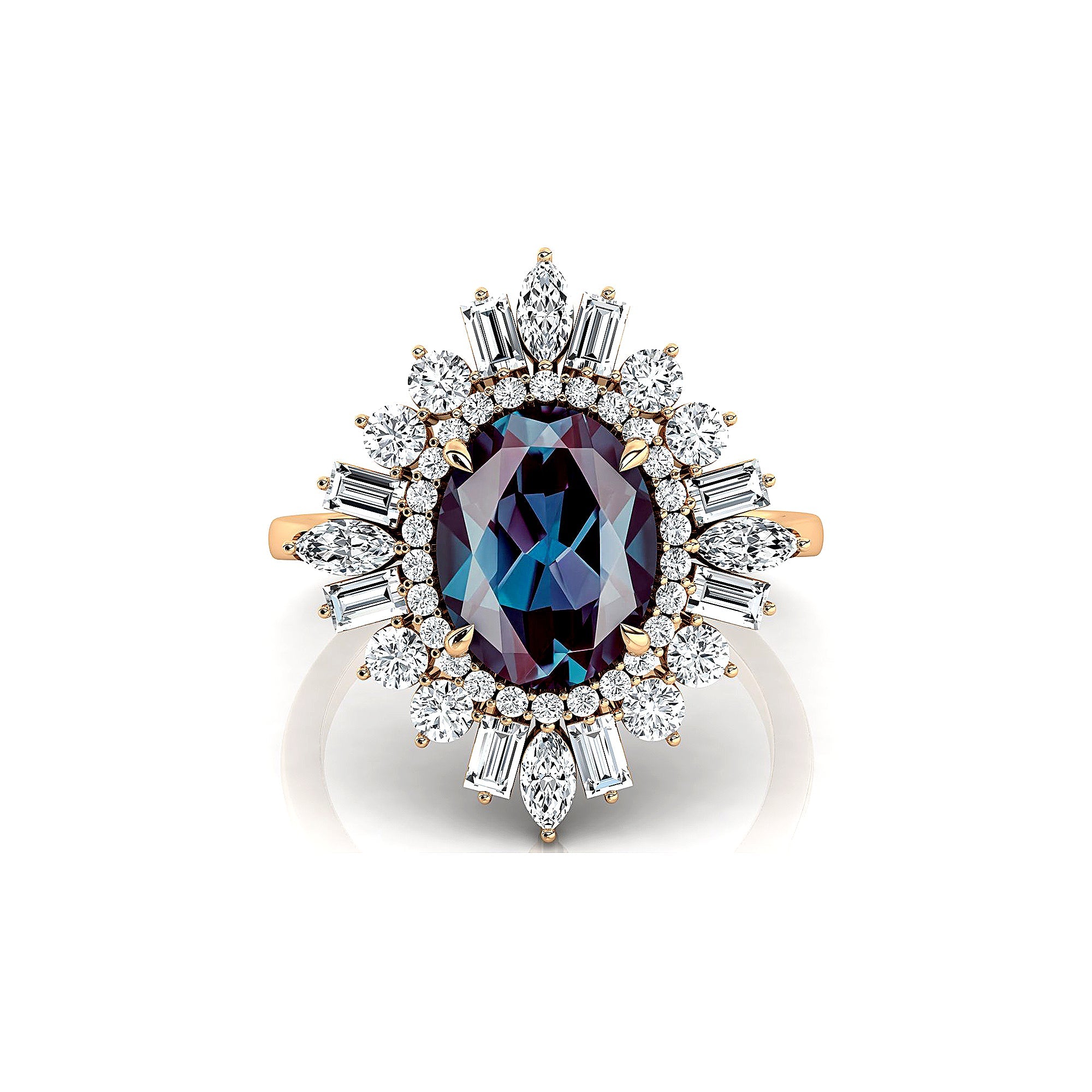 Oval Solitaire Alexandrite Baguette and Round Diamond Cocktail Ring - GeumJewels
