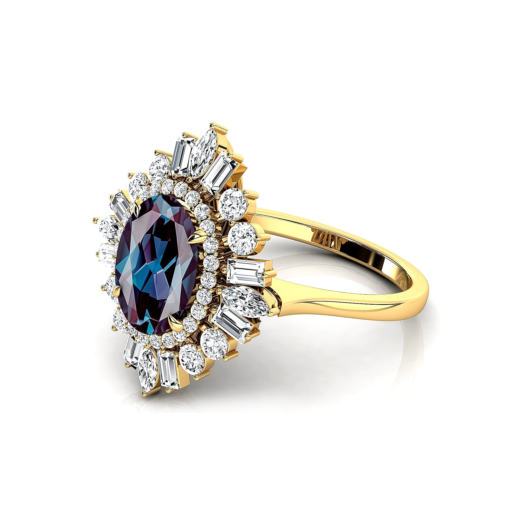 Oval Solitaire Alexandrite Baguette and Round Diamond Cocktail Ring - GeumJewels