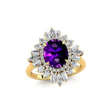Oval Solitaire Amethyst Baguette and Round Diamond Cocktail Ring - GeumJewels