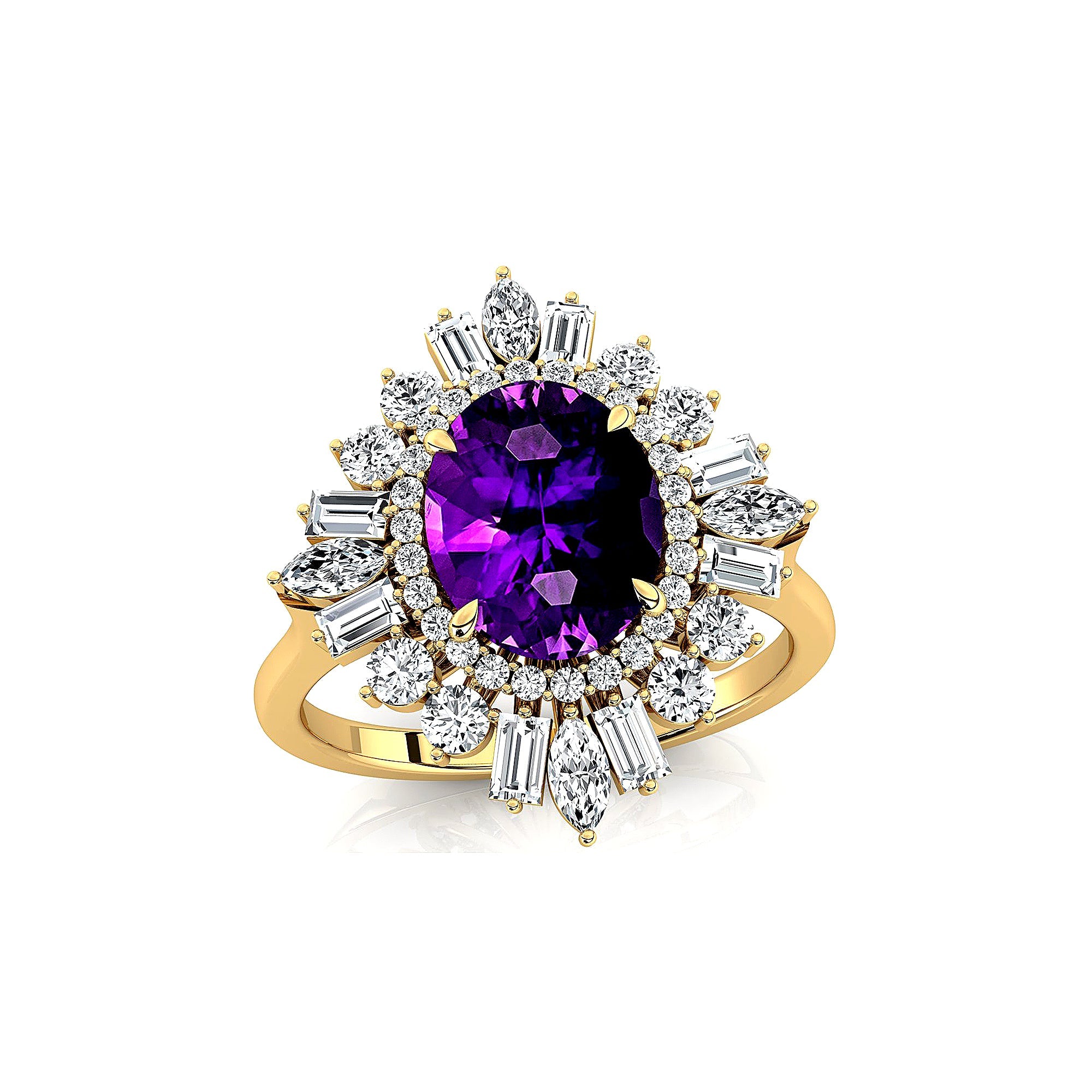 Oval Solitaire Amethyst Baguette and Round Diamond Cocktail Ring - GeumJewels