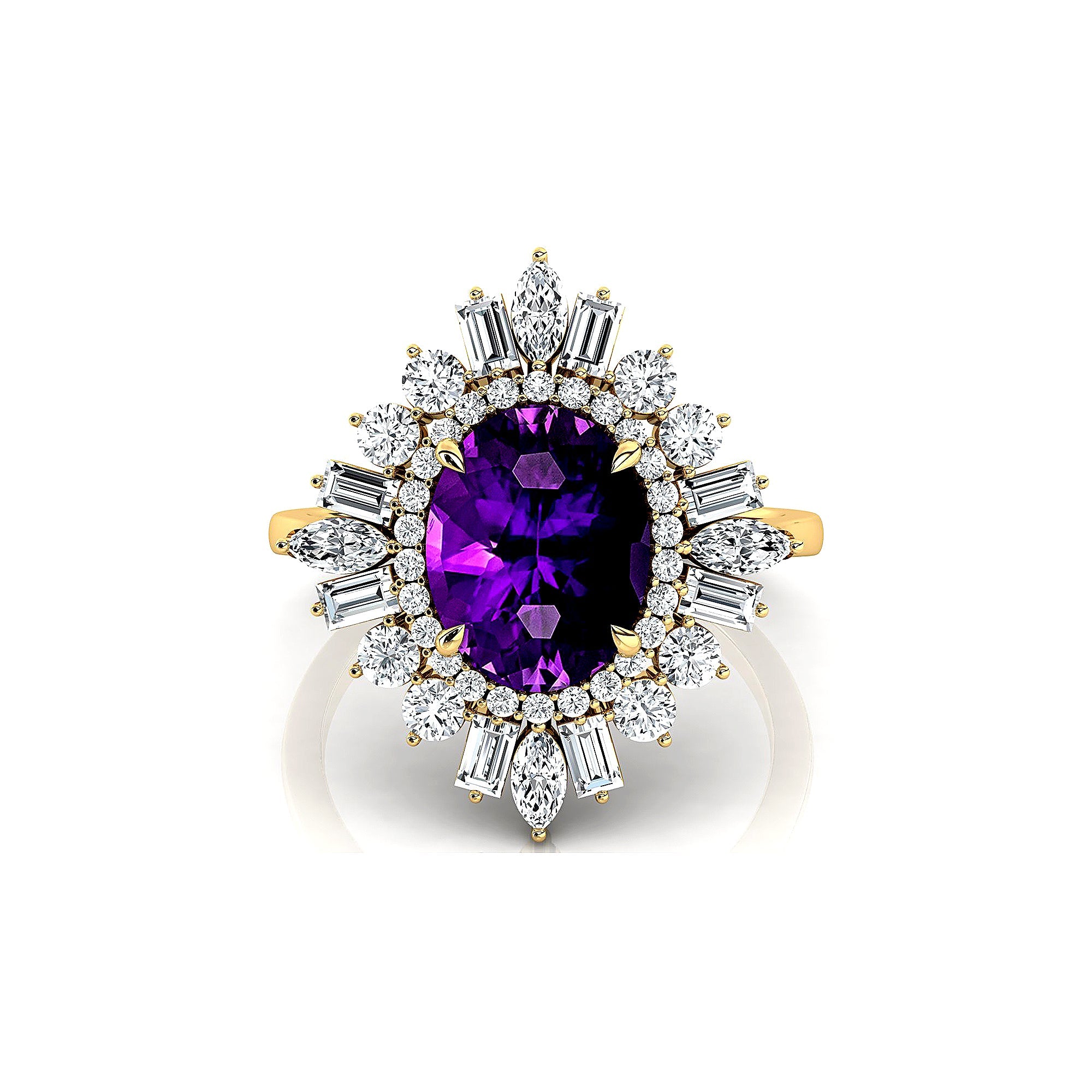 Oval Solitaire Amethyst Baguette and Round Diamond Cocktail Ring - GeumJewels