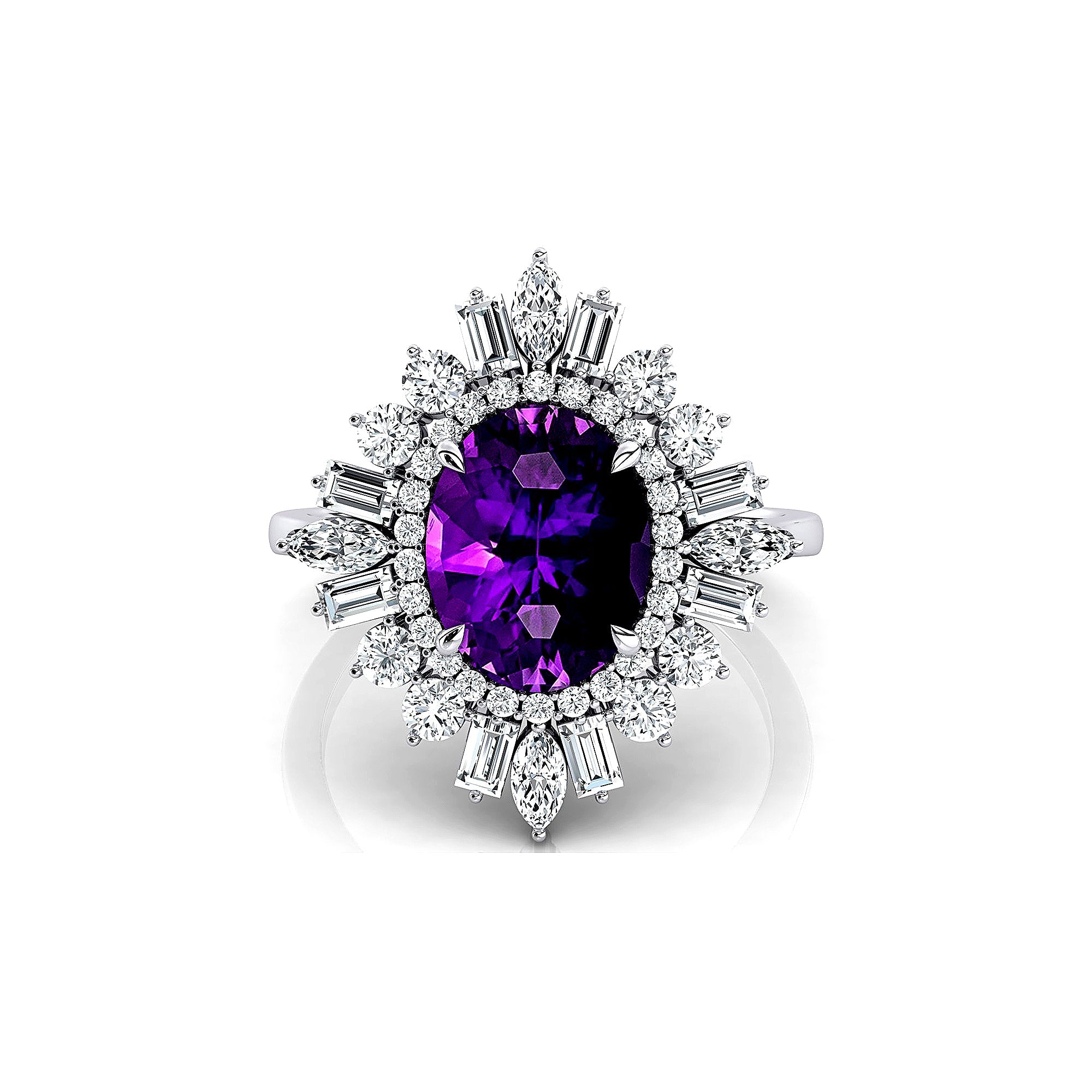 Oval Solitaire Amethyst Baguette and Round Diamond Cocktail Ring - GeumJewels