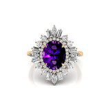 Oval Solitaire Amethyst Baguette and Round Diamond Cocktail Ring - GeumJewels