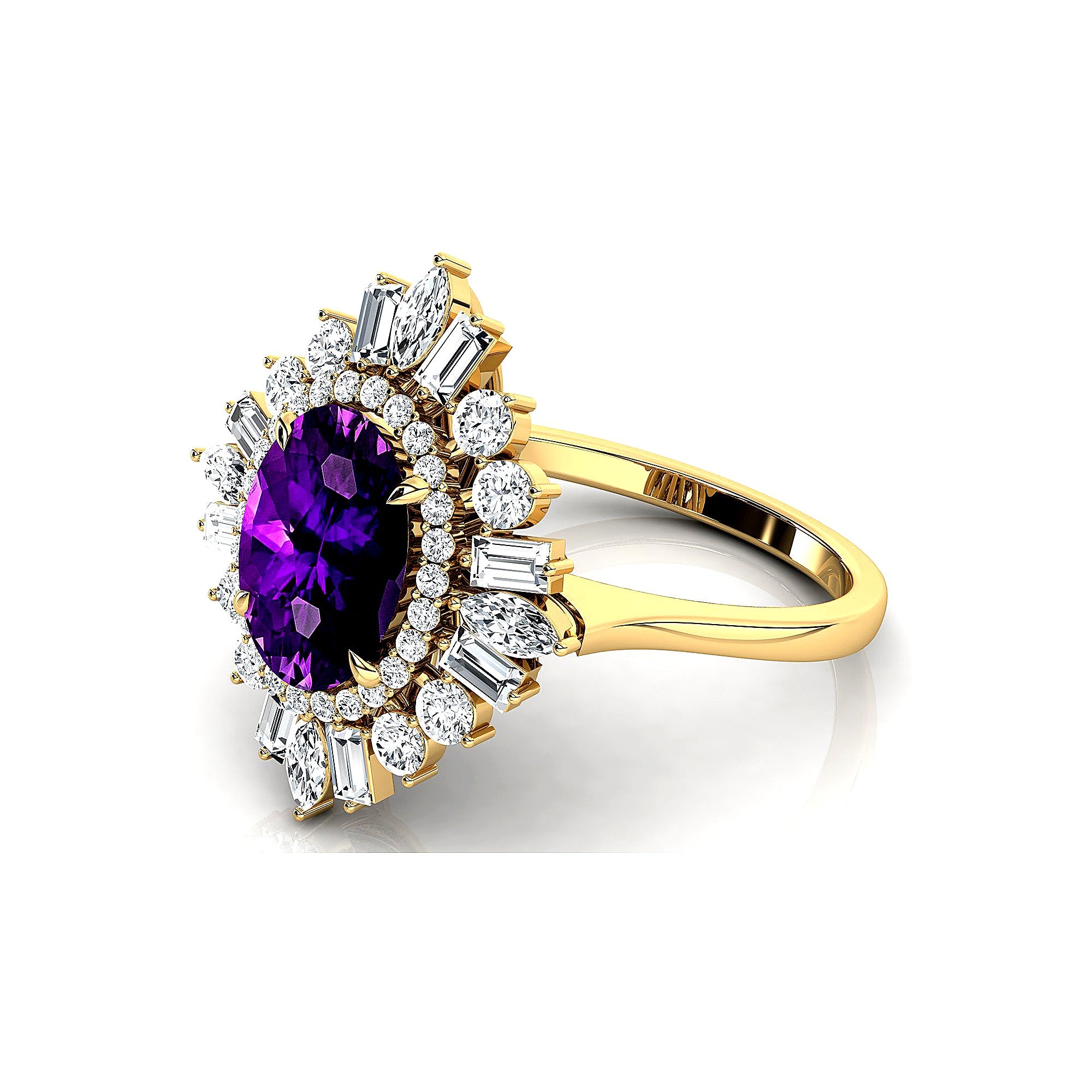 Oval Solitaire Amethyst Baguette and Round Diamond Cocktail Ring - GeumJewels