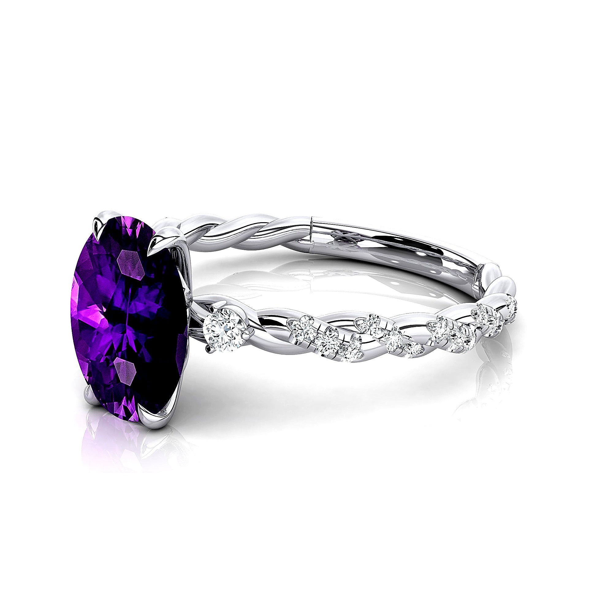 Oval Solitaire Amethyst Ring with Twisted Wire Diamond Band - GeumJewels