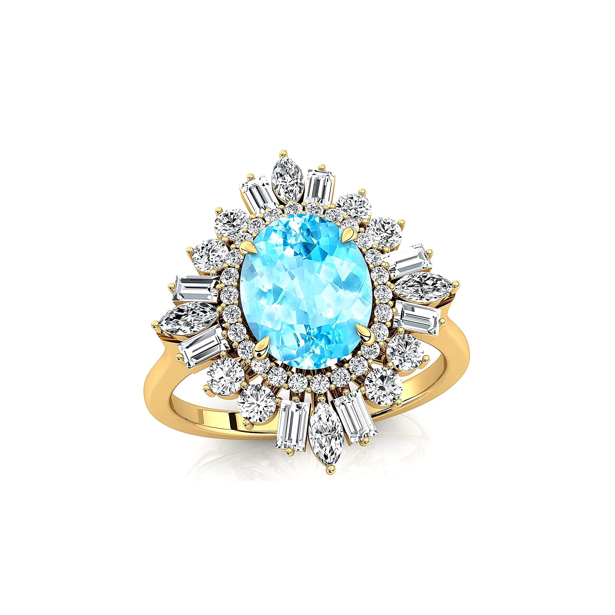 Oval Solitaire Aquamarine Baguette and Round Diamond Cocktail Ring - GeumJewels