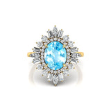 Oval Solitaire Aquamarine Baguette and Round Diamond Cocktail Ring - GeumJewels