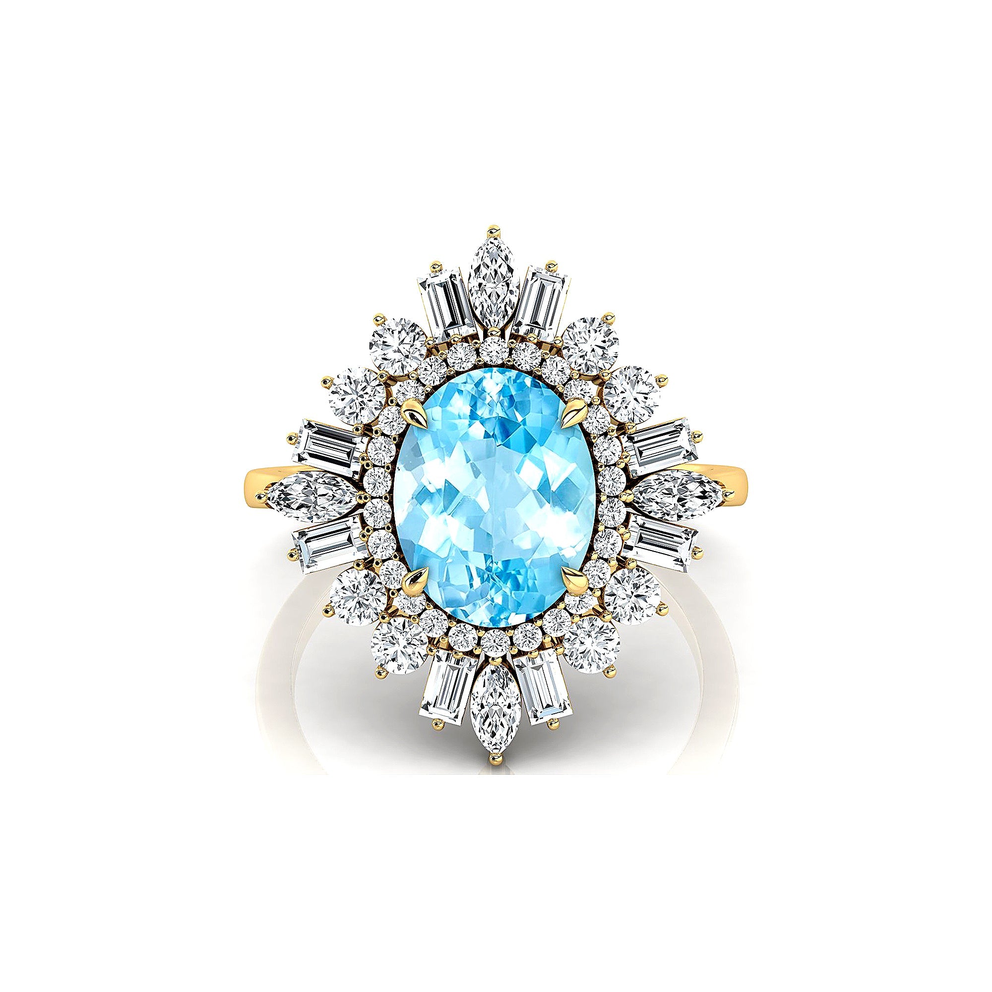 Oval Solitaire Aquamarine Baguette and Round Diamond Cocktail Ring - GeumJewels