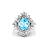 Oval Solitaire Aquamarine Baguette and Round Diamond Cocktail Ring - GeumJewels