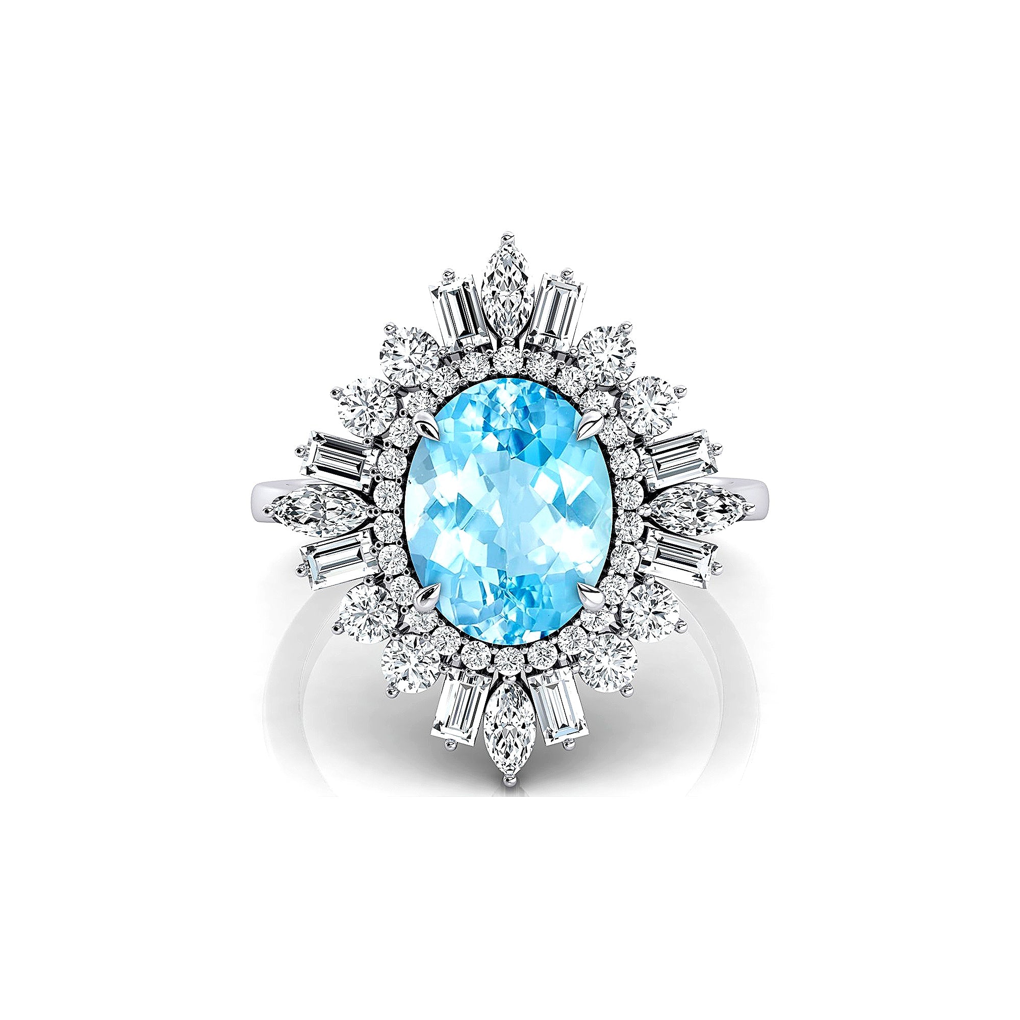 Oval Solitaire Aquamarine Baguette and Round Diamond Cocktail Ring - GeumJewels