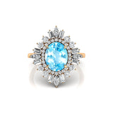 Oval Solitaire Aquamarine Baguette and Round Diamond Cocktail Ring - GeumJewels
