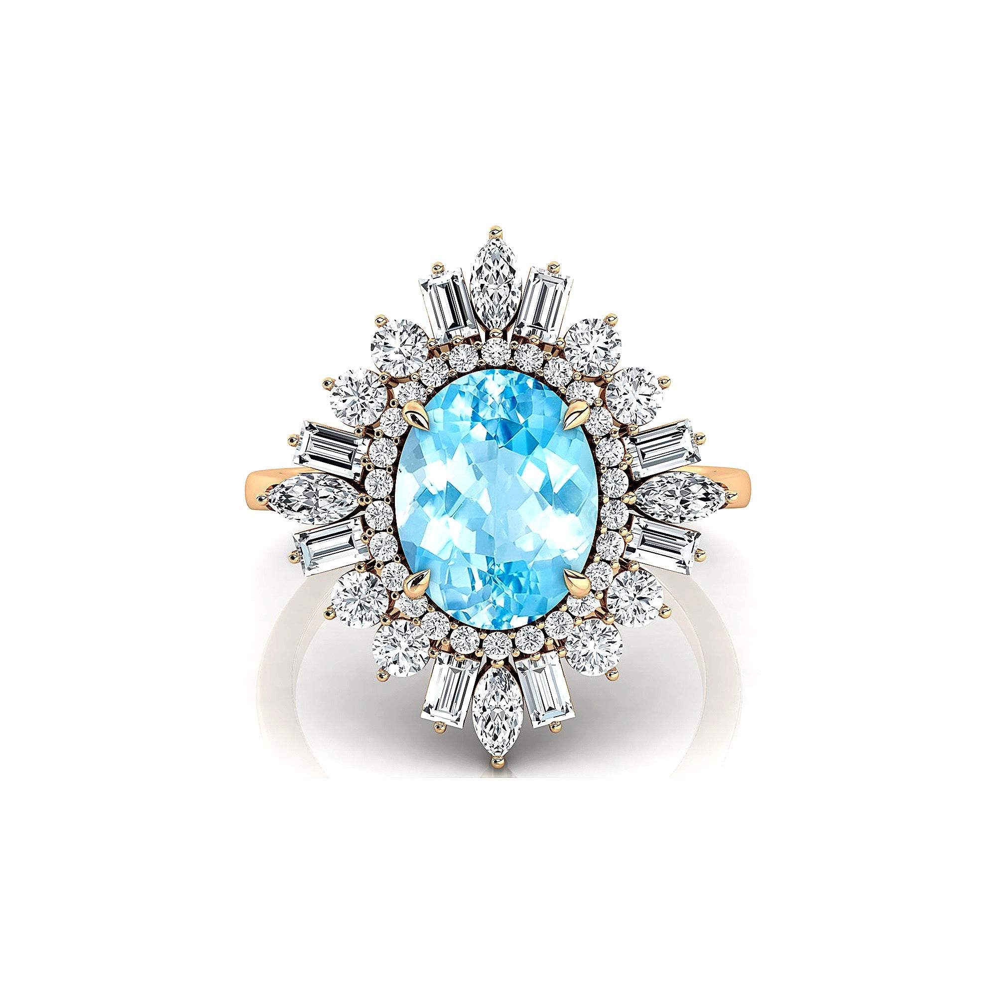 Oval Solitaire Aquamarine Baguette and Round Diamond Cocktail Ring - GeumJewels