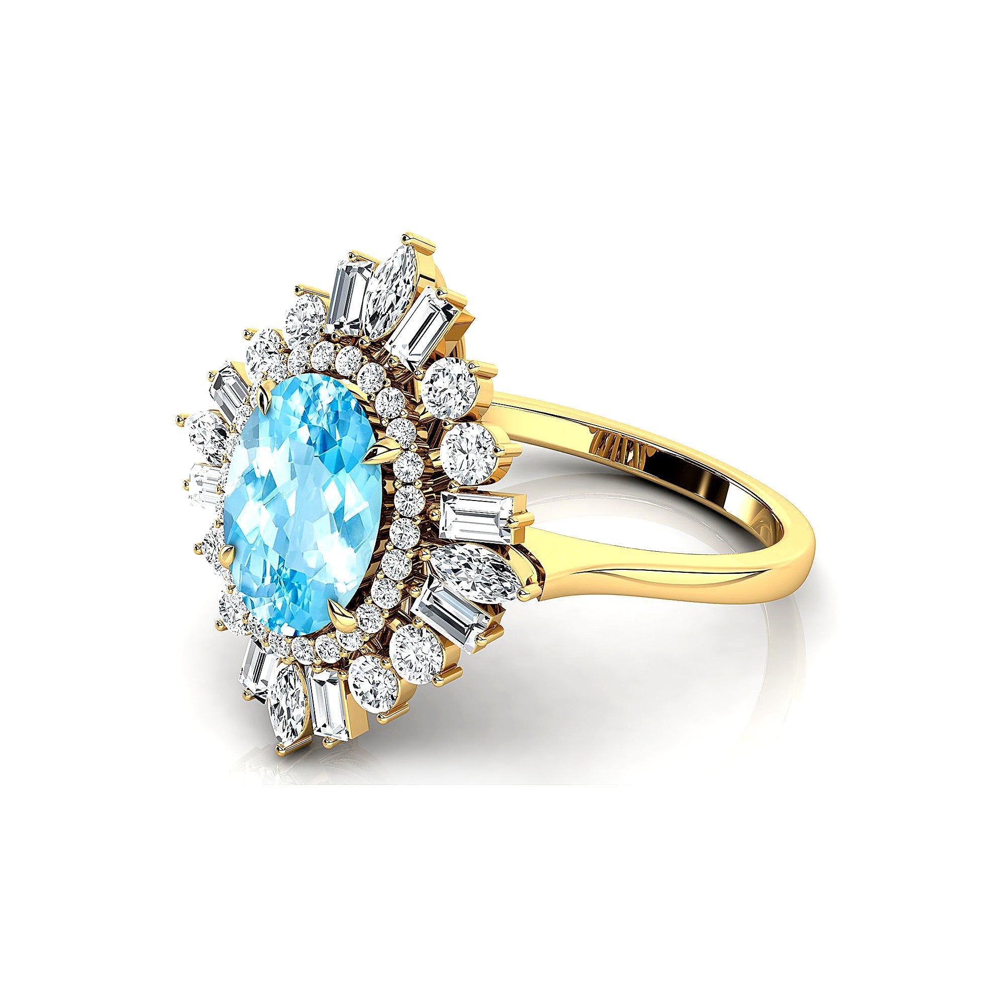 Oval Solitaire Aquamarine Baguette and Round Diamond Cocktail Ring - GeumJewels