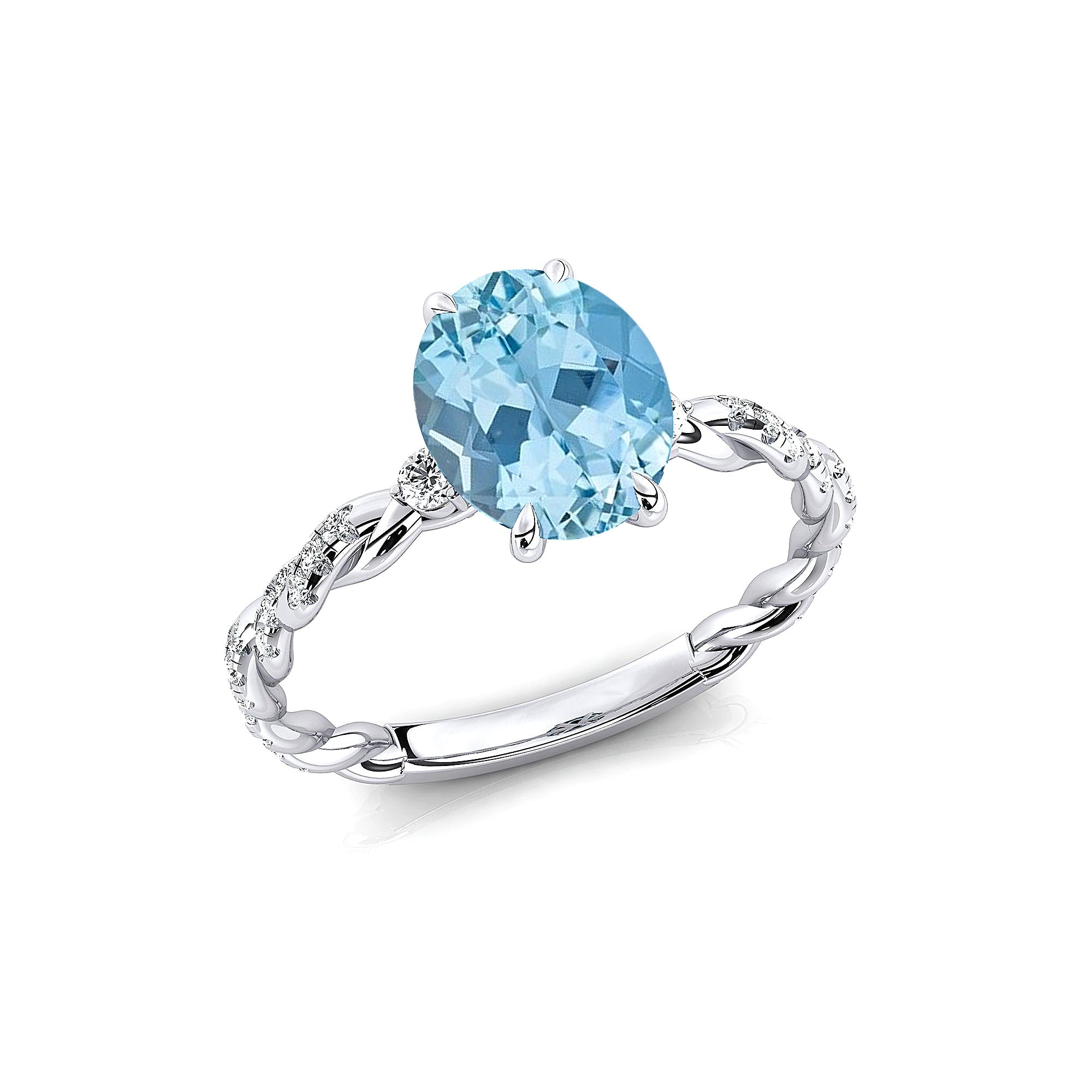 Oval Solitaire Aquamarine Ring with Twisted Wire Diamond Band - GeumJewels