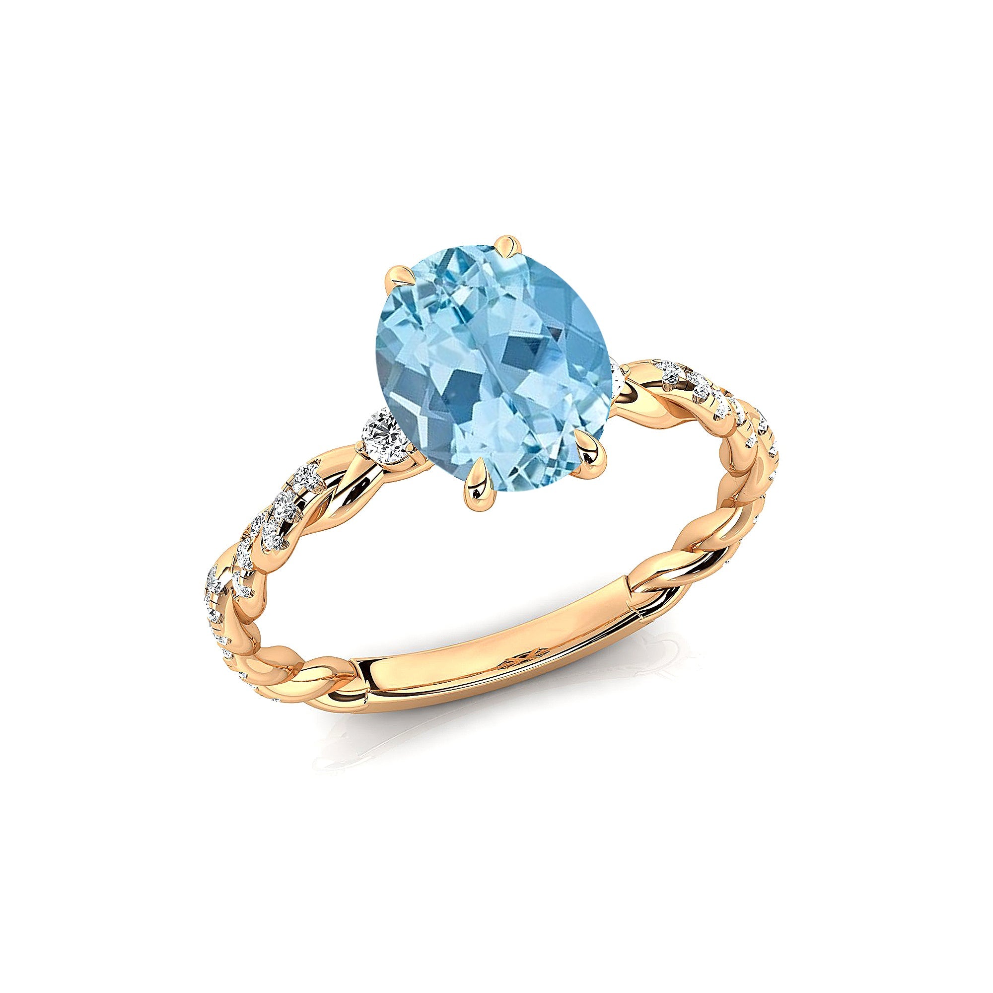 Oval Solitaire Aquamarine Ring with Twisted Wire Diamond Band - GeumJewels