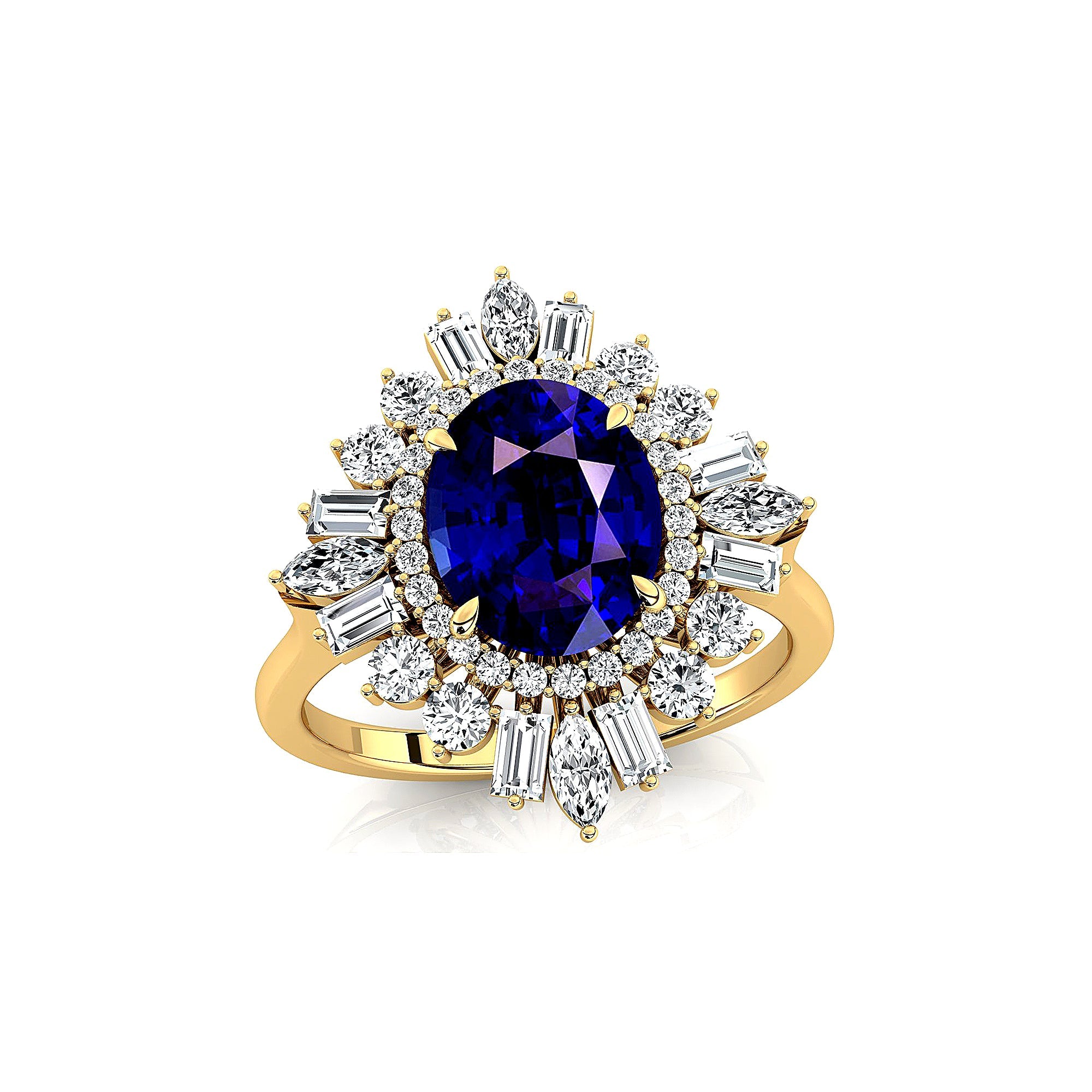 Oval Solitaire Blue Sapphire Baguette and Round Diamond Cocktail Ring - GeumJewels