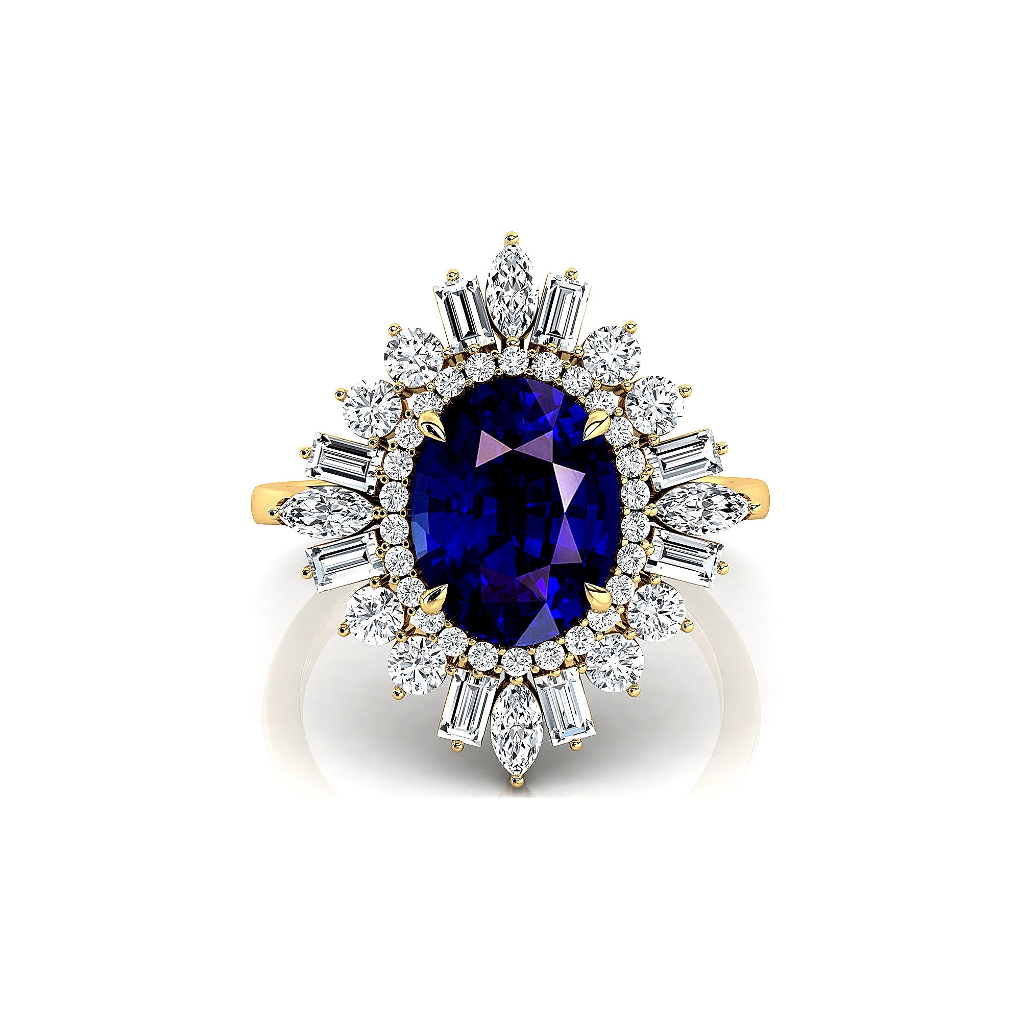 Oval Solitaire Blue Sapphire Baguette and Round Diamond Cocktail Ring - GeumJewels