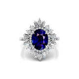 Oval Solitaire Blue Sapphire Baguette and Round Diamond Cocktail Ring - GeumJewels