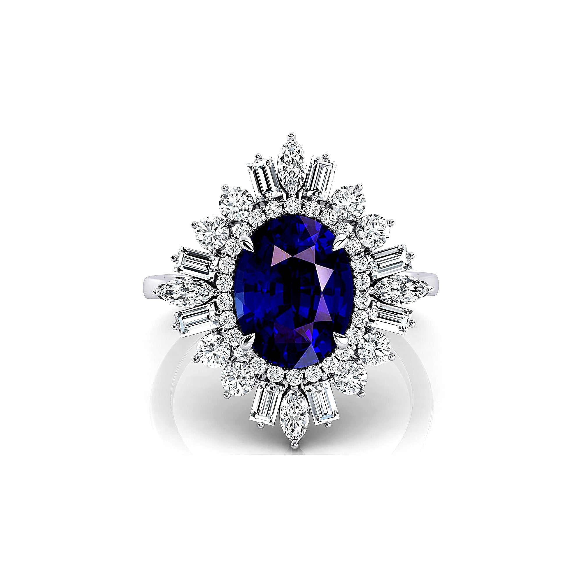 Oval Solitaire Blue Sapphire Baguette and Round Diamond Cocktail Ring - GeumJewels