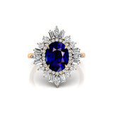 Oval Solitaire Blue Sapphire Baguette and Round Diamond Cocktail Ring - GeumJewels