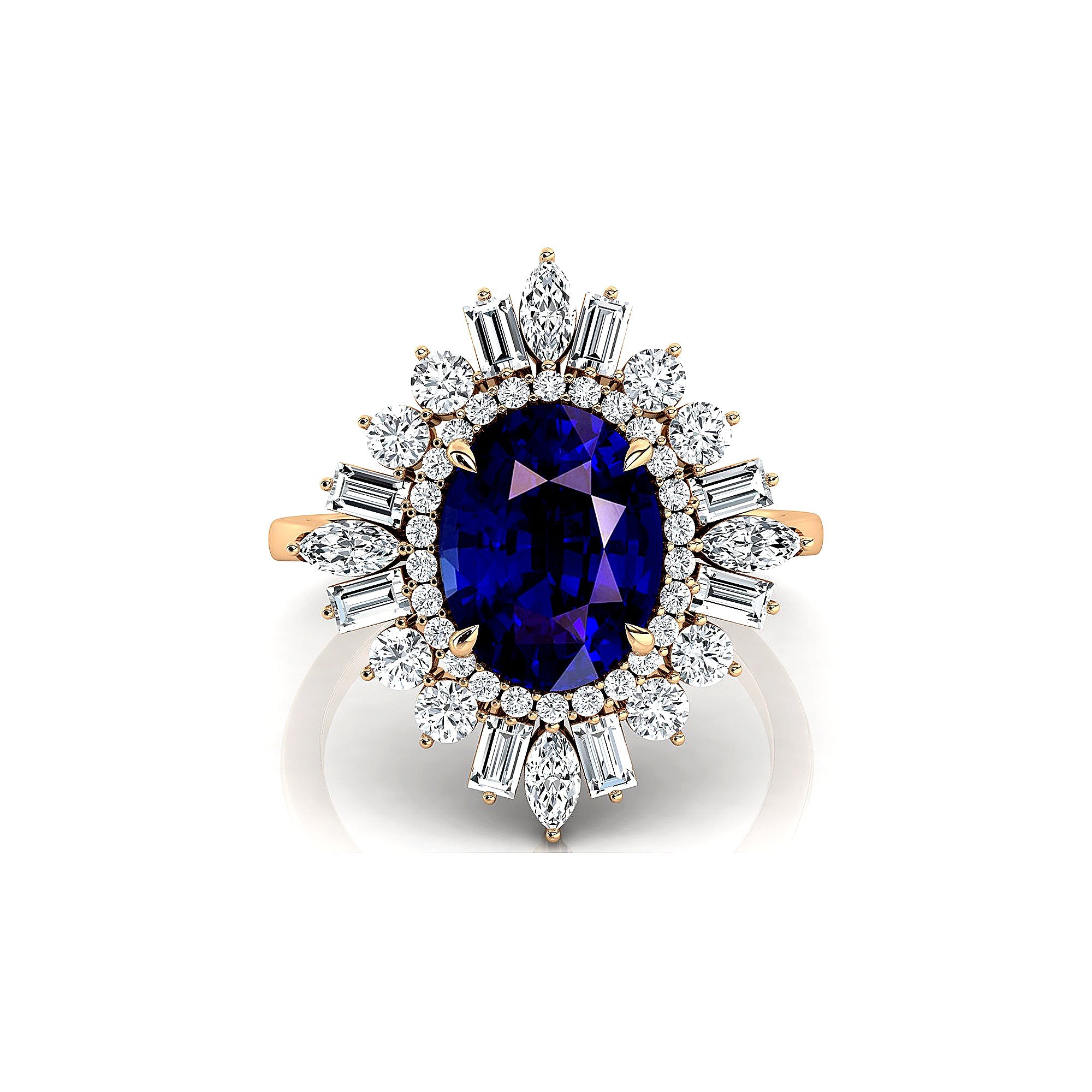 Oval Solitaire Blue Sapphire Baguette and Round Diamond Cocktail Ring - GeumJewels