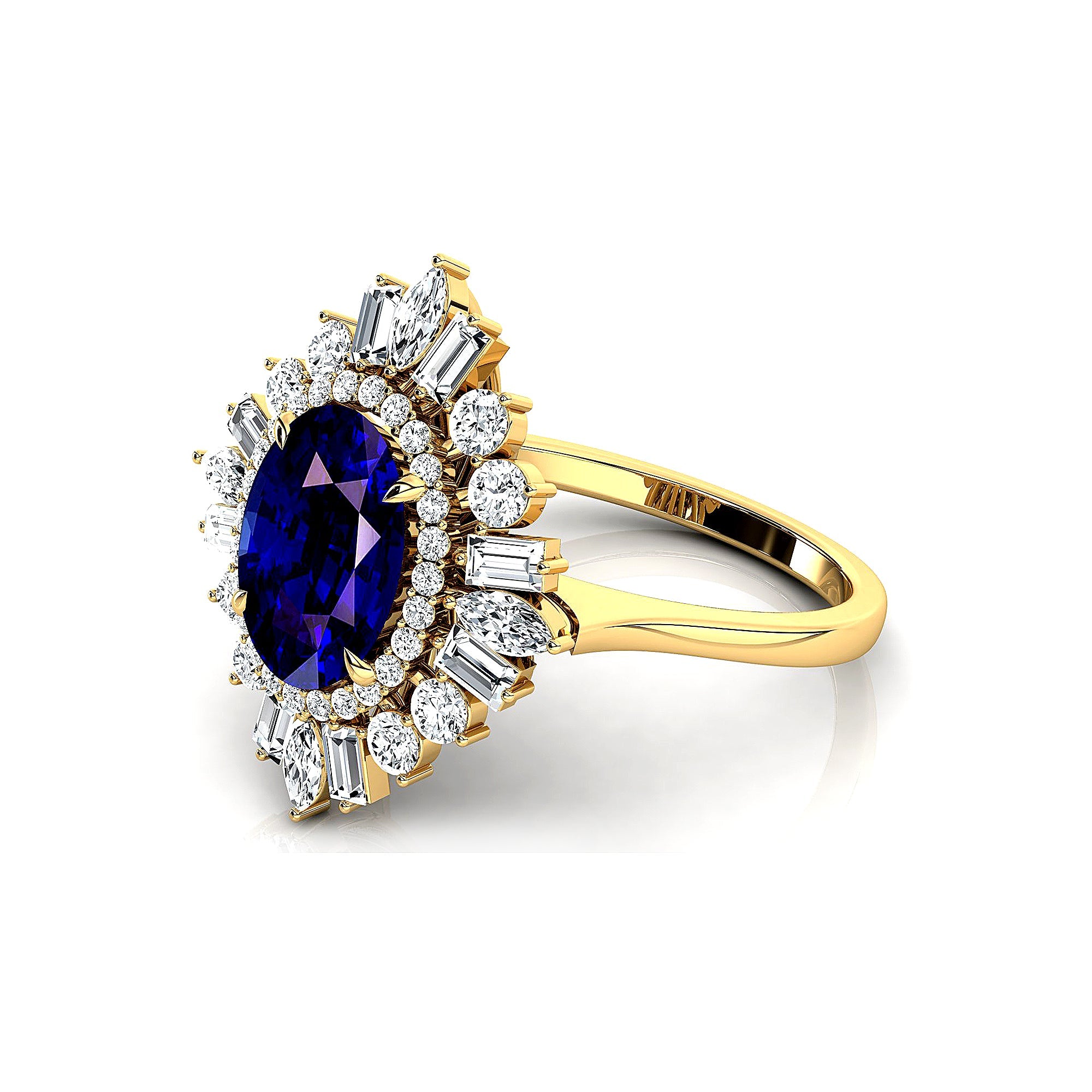 Oval Solitaire Blue Sapphire Baguette and Round Diamond Cocktail Ring - GeumJewels