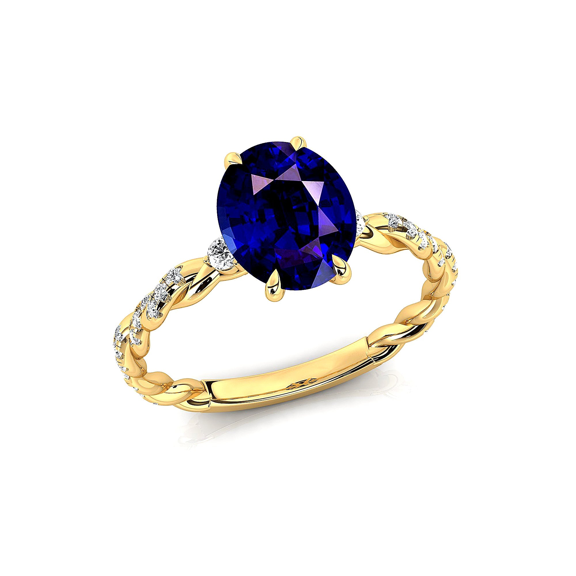 Oval Solitaire Blue Sapphire Ring with Twisted Wire Diamond Band - GeumJewels