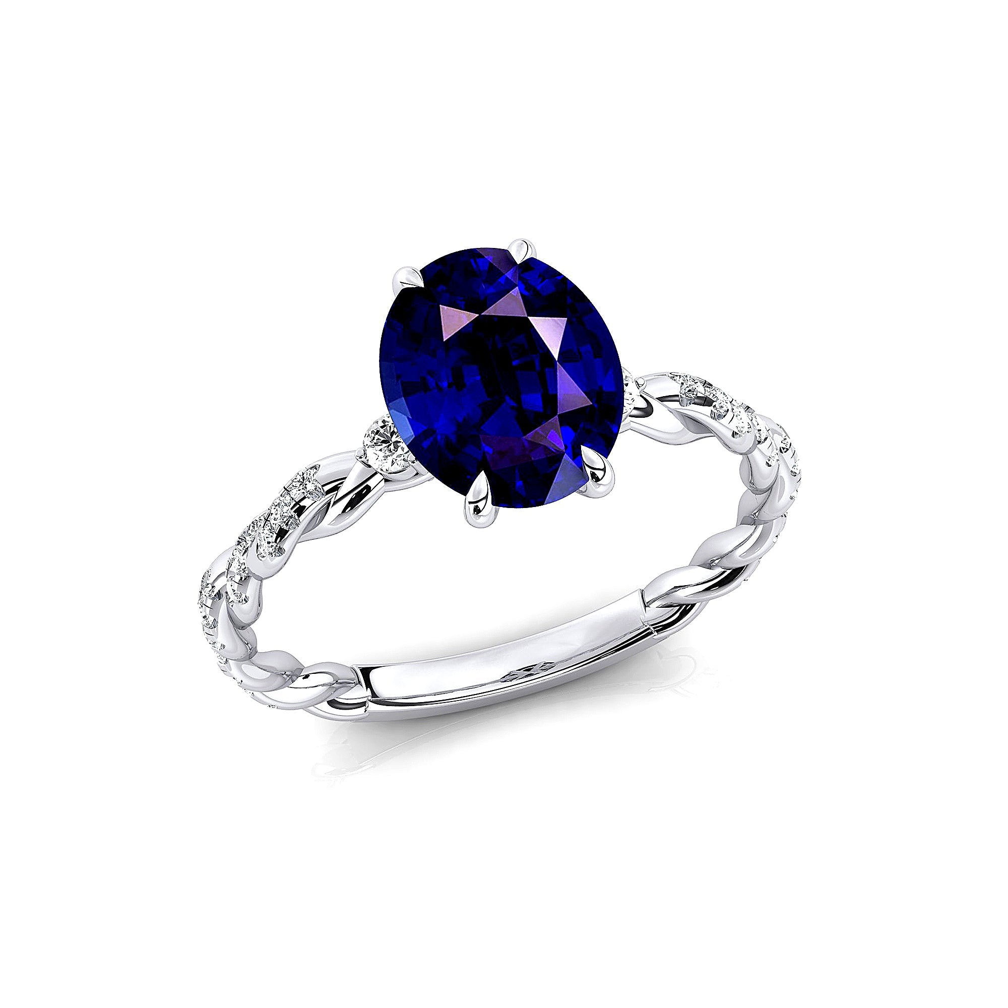 Oval Solitaire Blue Sapphire Ring with Twisted Wire Diamond Band - GeumJewels